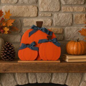 Rustic Wooden Pumpkin Trio with Denim Bows – Farmhouse Fall Mantel Decor